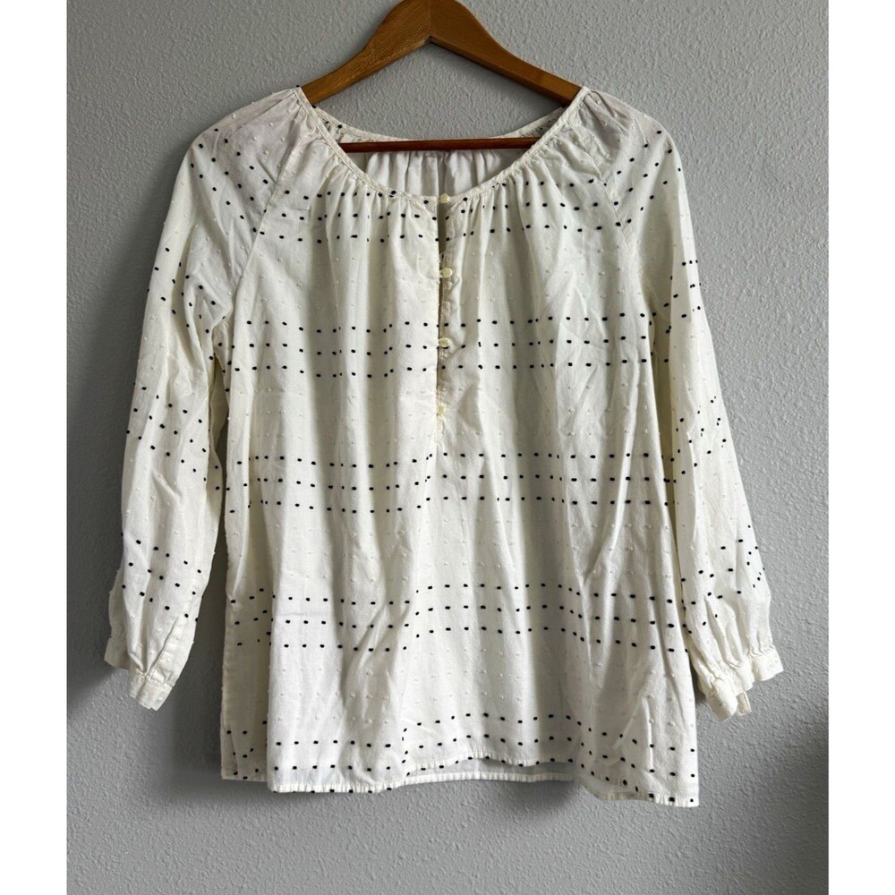 Women’s White/Black Polka Dot 3/4 Sleeve Button Blouse, 100% Cotton Woven